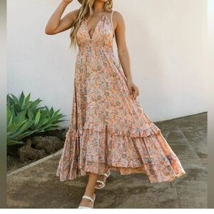 Anthropologie Z&L Tiered Floral Maxi Halter Dress in Orange Size Small